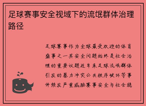 足球赛事安全视域下的流氓群体治理路径